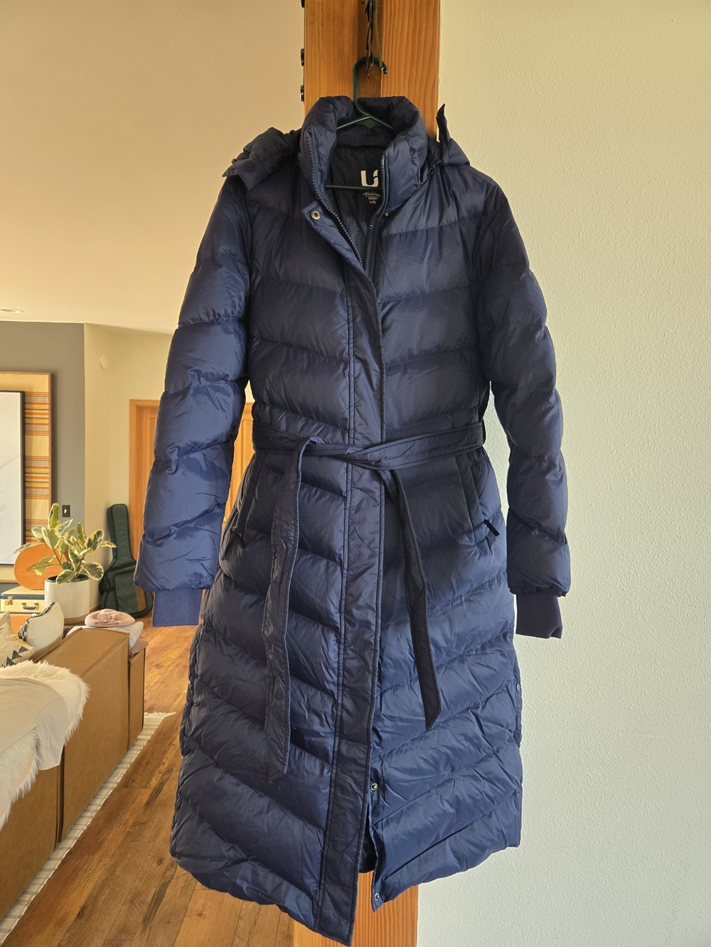 Long Quilted Belted 700 Down Filled Puffer Coat - Navy